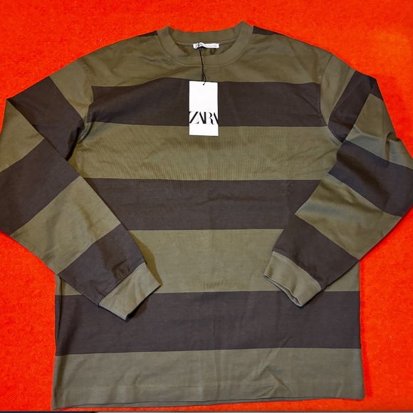 Zara khaki and green 100% cotton wide stripes heavy weight long sleeve tee NWT - Picture 3 of 6